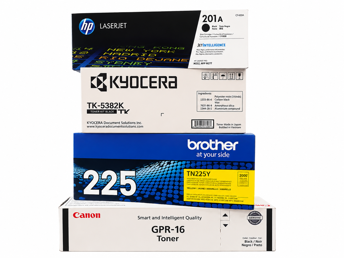 Stack of brand-name toner cartridges and printer supplies including HP, Kyocera, Brother, and Canon products